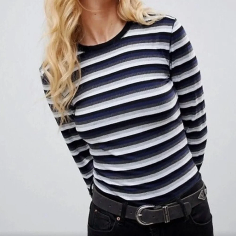 Free People Good On You Knit Blue and White Striped Long Sleeve Tee Top Women M - Picture 1 of 10